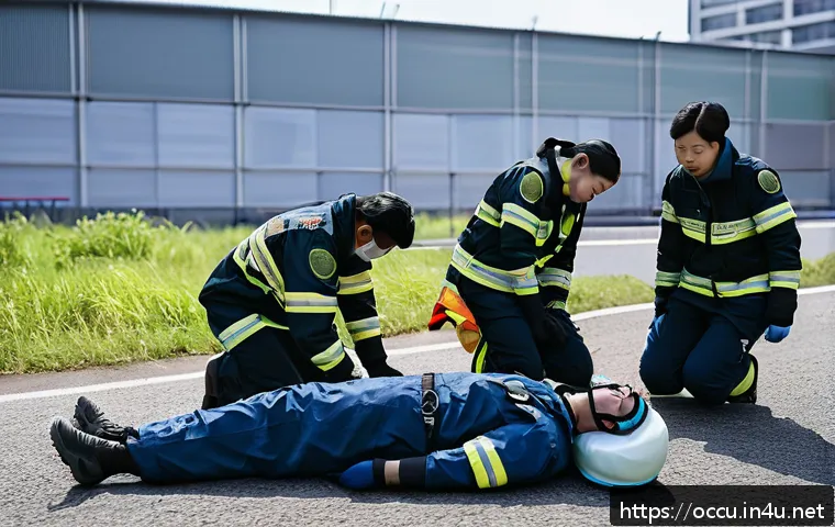 응급구조사 실무와 최신 이론 결합 - A high-intensity emergency training simulation scene showing paramedics in full uniform actively per...