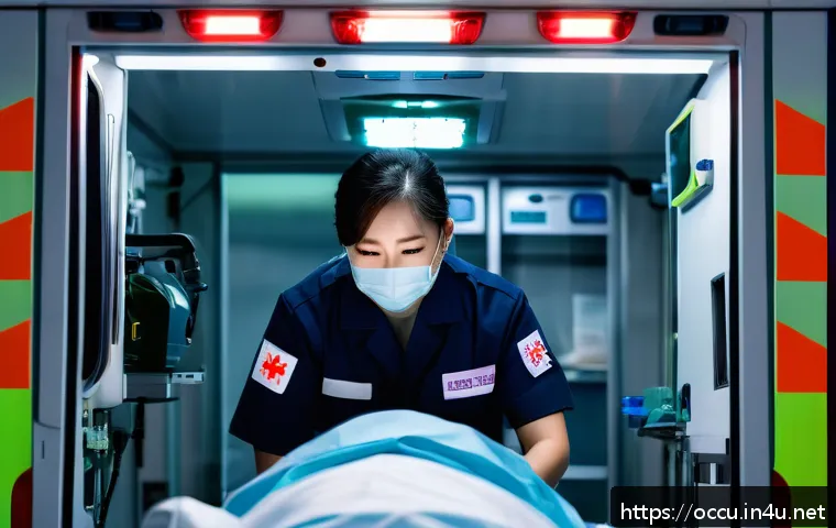 응급구조사 근무환경 - A dynamic scene of an emergency medical technician (EMT) dressed in professional uniform with visibl...