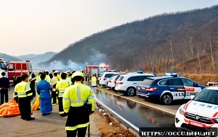 응급구조사와 대규모 사고 대응 - Photorealistic emergency responders coordinating a large multi-vehicle highway incident, paramedic i...