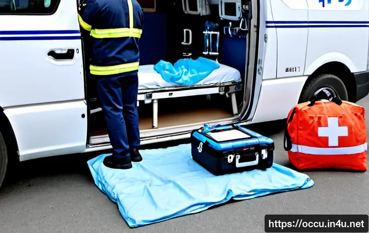 Home 17 응급구조사 출동 준비물 체크리스트 - Photorealistic emergency medical responder preparing for a call beside an open ambulance, carefully ...