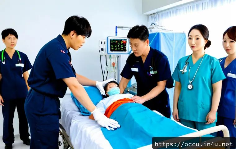 Home 17 응급구조사와 병원 내 심정지 대처 - Photorealistic hospital emergency response scene, a trained paramedic in clean navy uniform coordina...