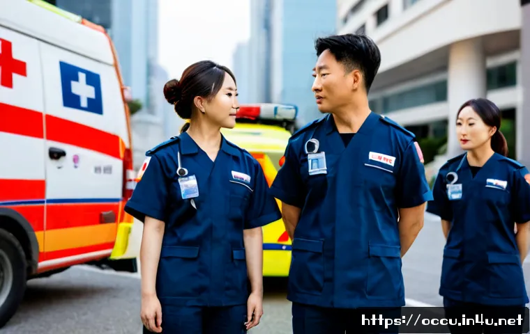 Home 30 응급구조사 팀 구성 요령 - Photorealistic emergency medical response team of four diverse paramedics in clean navy uniforms sta...