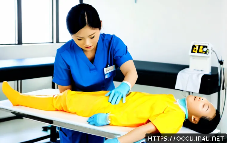 응급구조사와 직무 전문성 향상 - Photorealistic emergency medical responder in a clean modern training room, carefully practicing adv...