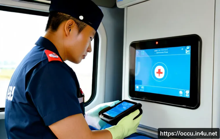 Home 17 응급구조사와 스마트 응급처치 도구 - Photorealistic emergency medical responder in a clean modern ambulance interior, wearing a professio...