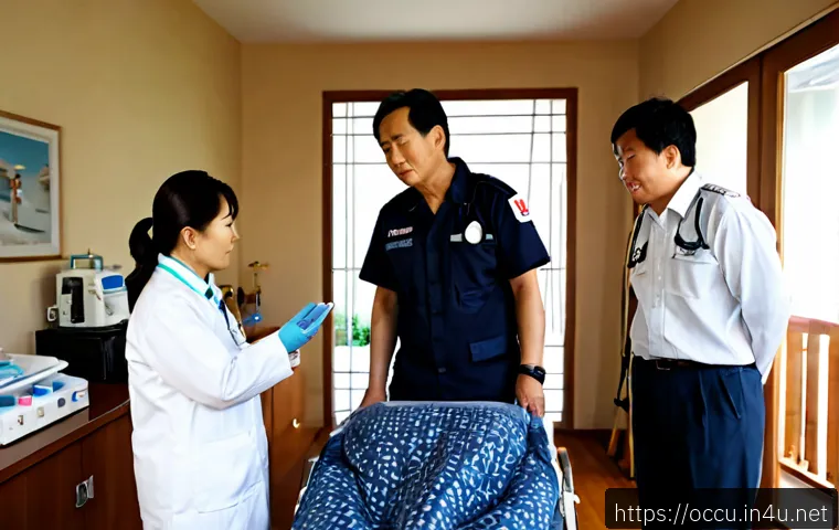 Home 17 응급구조사 출동과 문화적 차이 - Photorealistic emergency medical responders arriving at a multigenerational family home, a calm para...