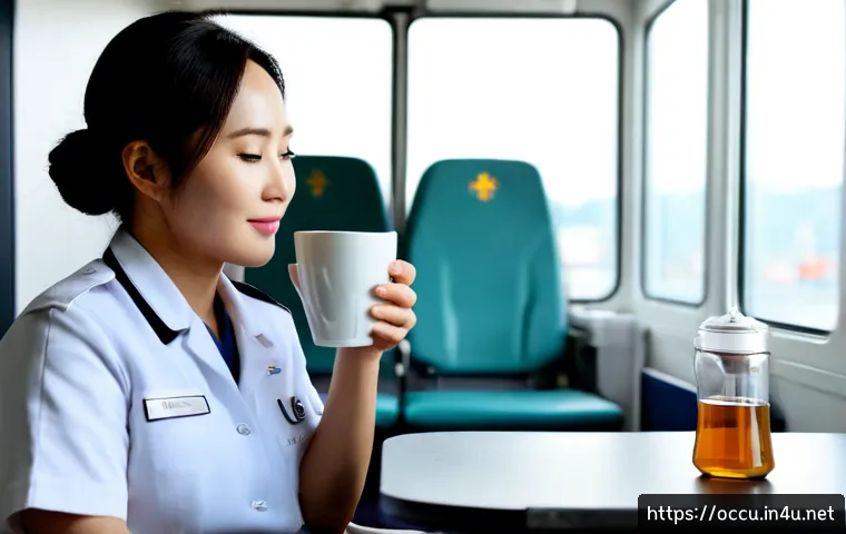 Home 30 응급구조사와 감정노동 극복 - Photorealistic emergency medical responder in a clean ambulance station break room, seated calmly wi...