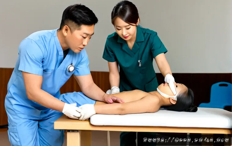 Home 17 응급구조사와 초보자를 위한 가이드 - Photorealistic emergency responder training scene, a calm certified paramedic in clean uniform demon...